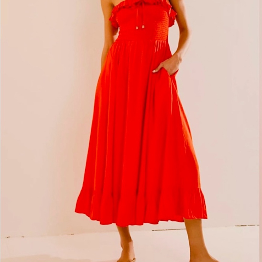 Lush Life Linen Strapless Midi Dress, Mandarin Red, Size Small. Free People